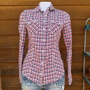 Vintage Guess Y2K Red White Blue Plaid Button Down Shirt Size S